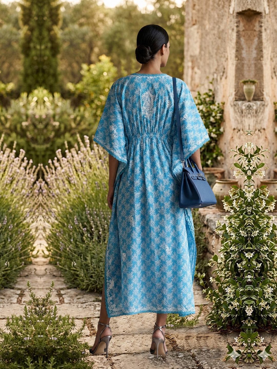 Hand Embroidered Chikankari Cotton Kaftan-AL3833 New Turquoise