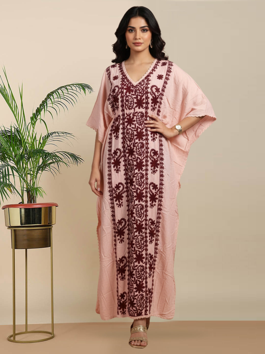 Hand Embroidered Chikankari Rayon Kaftan-AL3475 Maroon