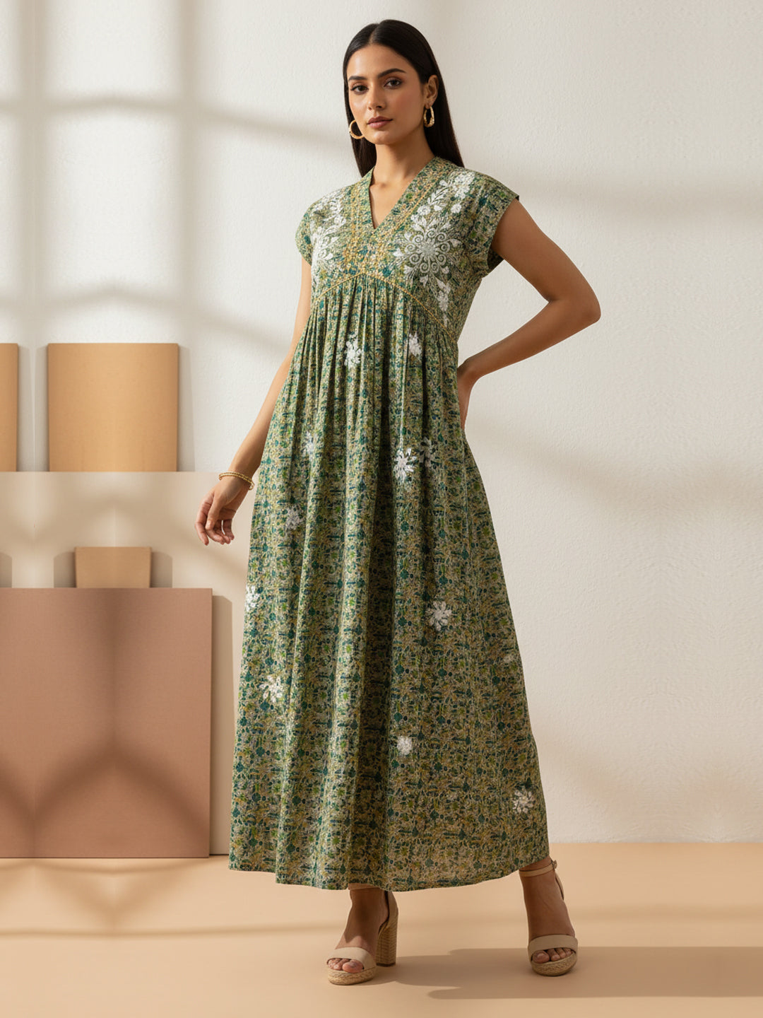 Women Printed Embroidered Cotton Jalabiya with Cap Sleeves-AL3697C Green