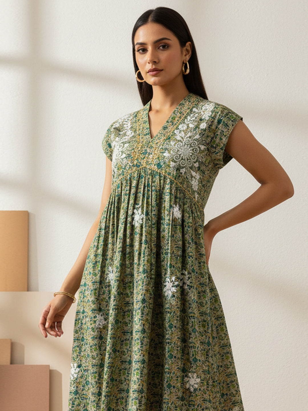 Women Printed Embroidered Cotton Jalabiya with Cap Sleeves-AL3697C Green
