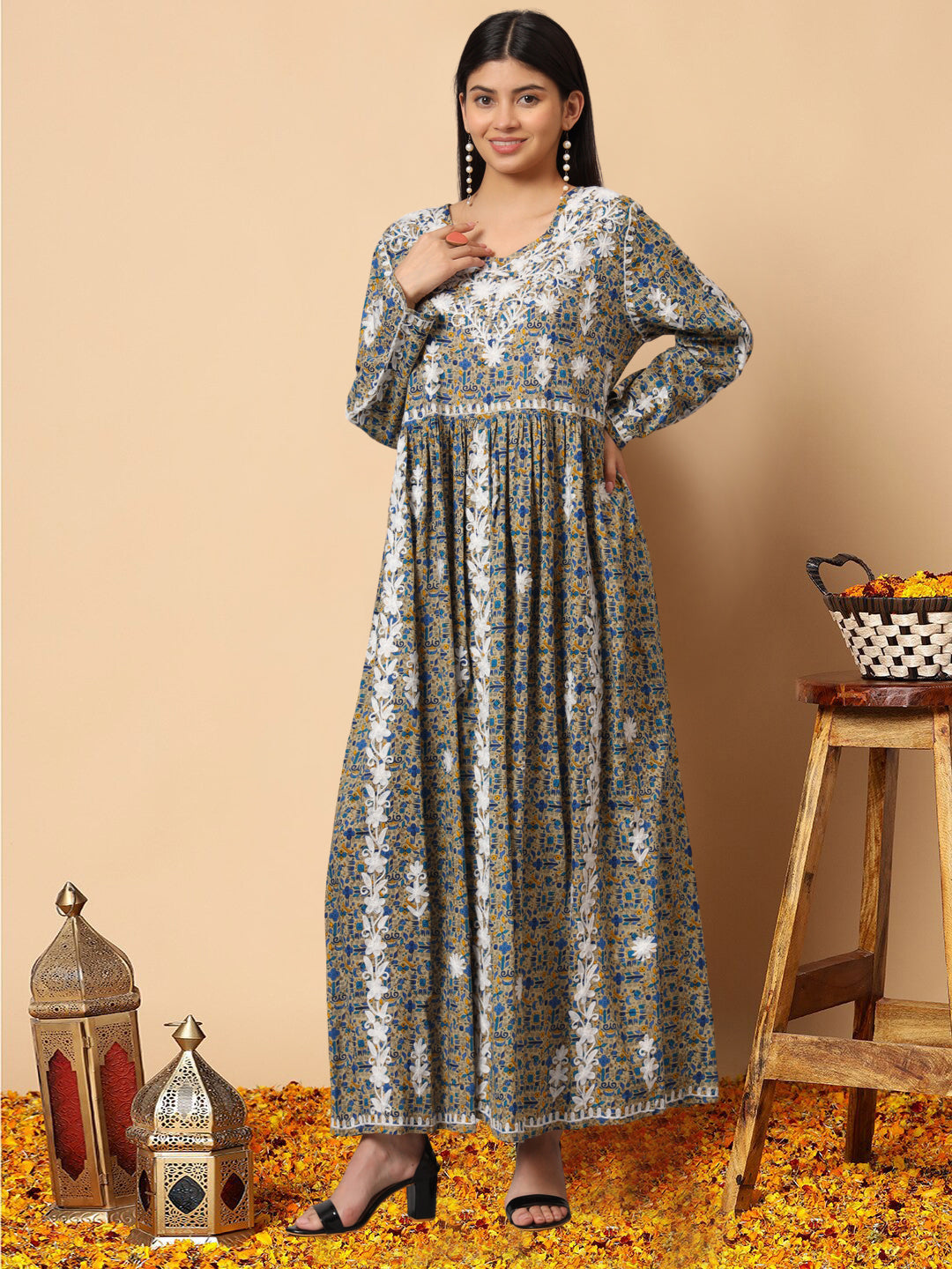 Hand Embroidered Lucknowi Chikankari Printed Mulmul Cotton Jalabiya-AL3936 Beige & Blue