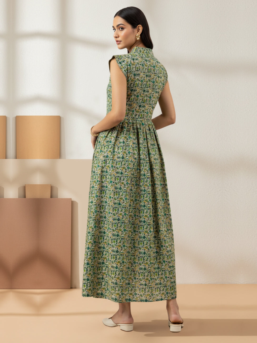 Women Printed Embroidered Cotton Jalabiya with Cap Sleeves-AL3697C Green