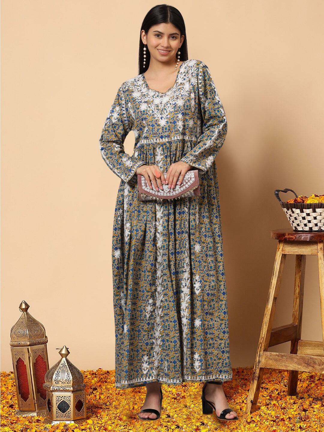 Hand Embroidered Lucknowi Chikankari Printed Mulmul Cotton Jalabiya-AL3936 Beige & Blue