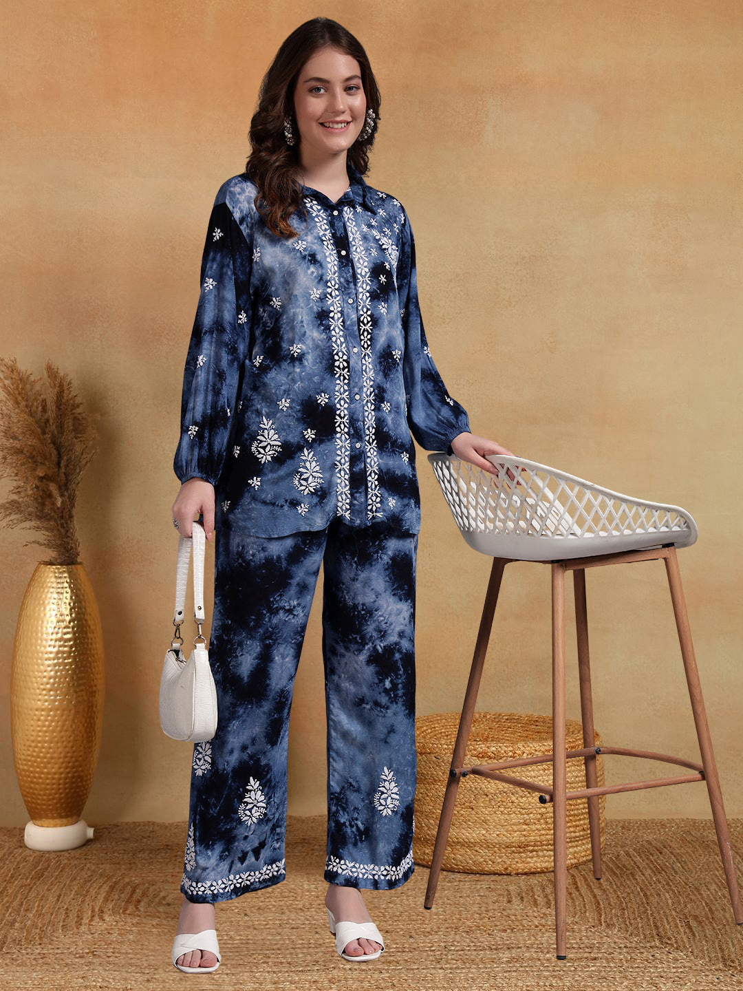 Women Hand Embroidered Chikankari Rayon Co-ord Set-AL4093KS Navy