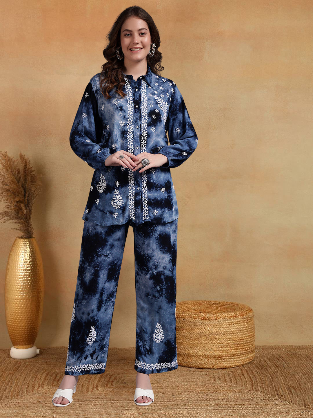 Women Hand Embroidered Chikankari Rayon Co-ord Set-AL4093KS Navy