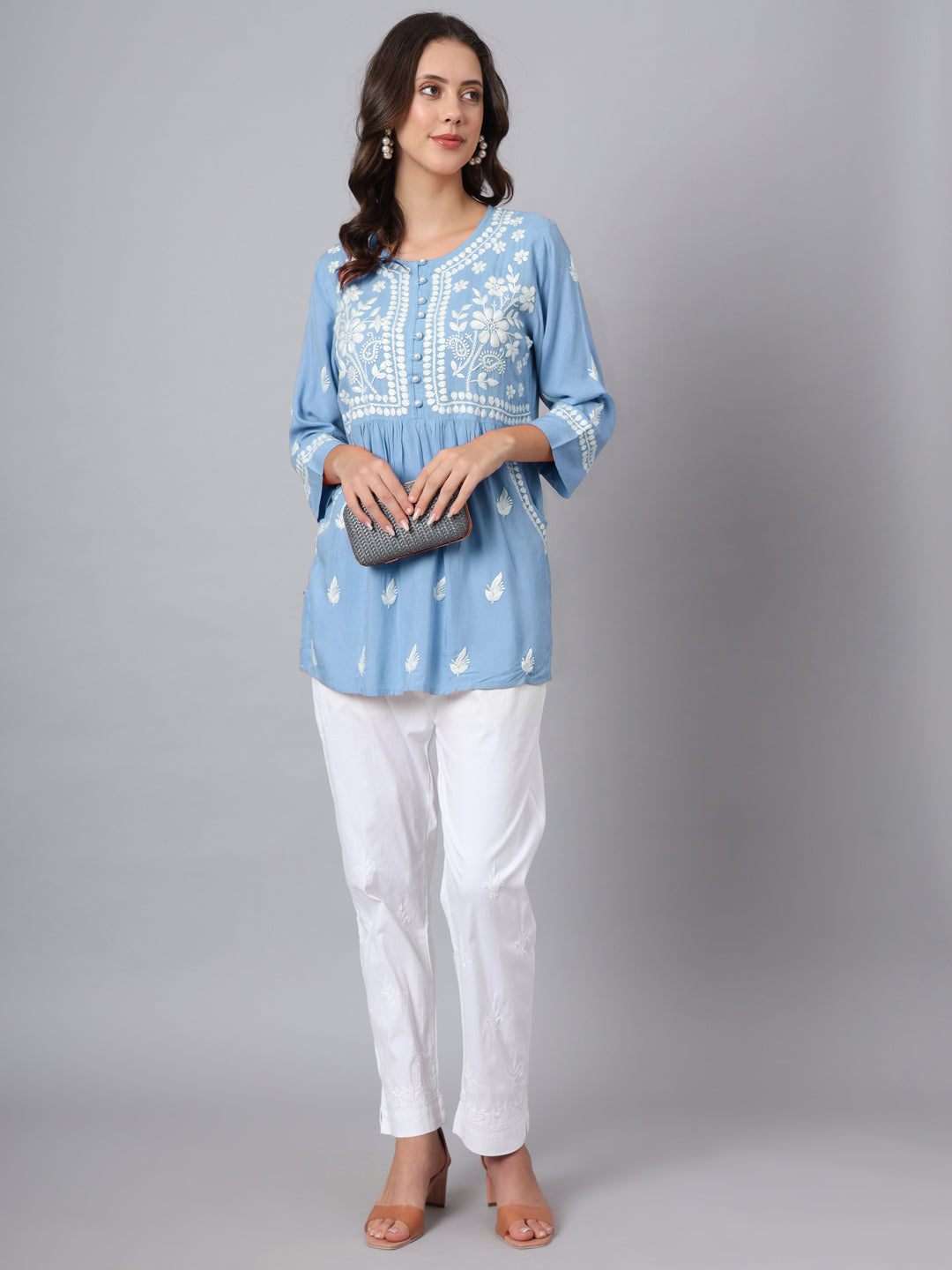 Women Hand Embroidered Chikankari Rayon Kurti with Pockets-AL3696 Blue