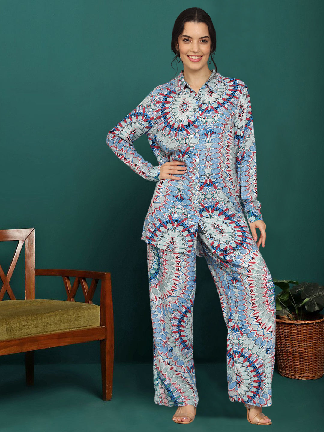 Printed Rayon Co-Ord Set for Women-AL4001 Blue