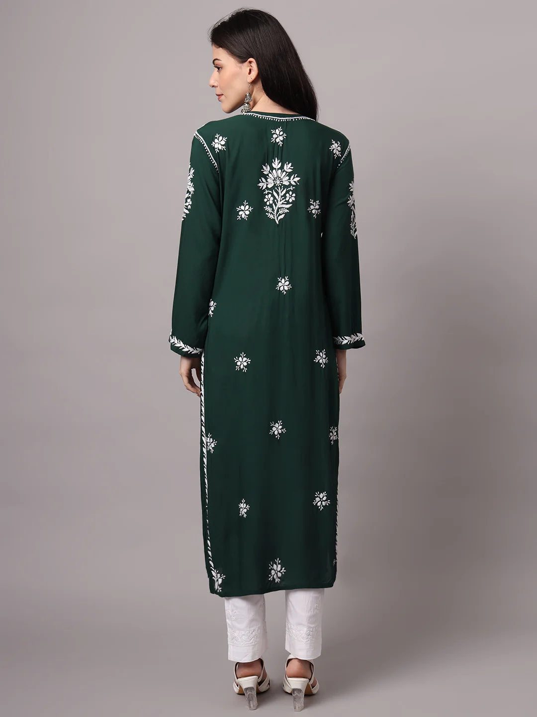 Women Hand Embroidered Modal Chikankari Kurta-AL4059 Darkgreen