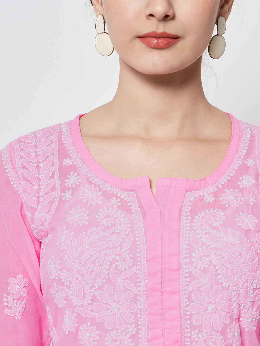 Hand Embroidered Chikankari Cotton Straight Kurti-AL3595 Darkpink