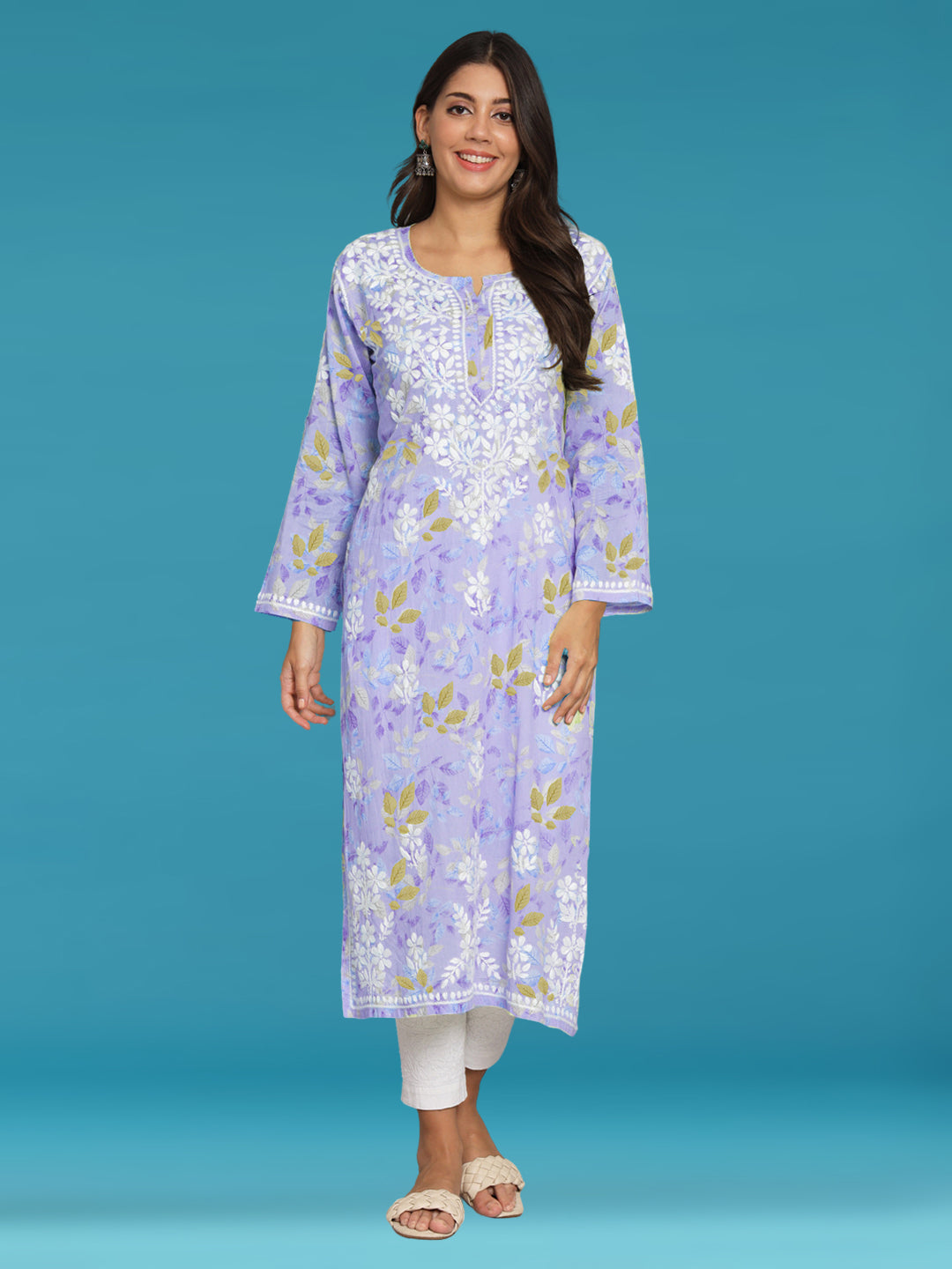 Hand Embroidered Chikan Printed Mulmul Cotton Straight Kurta-AL3680 Mauve