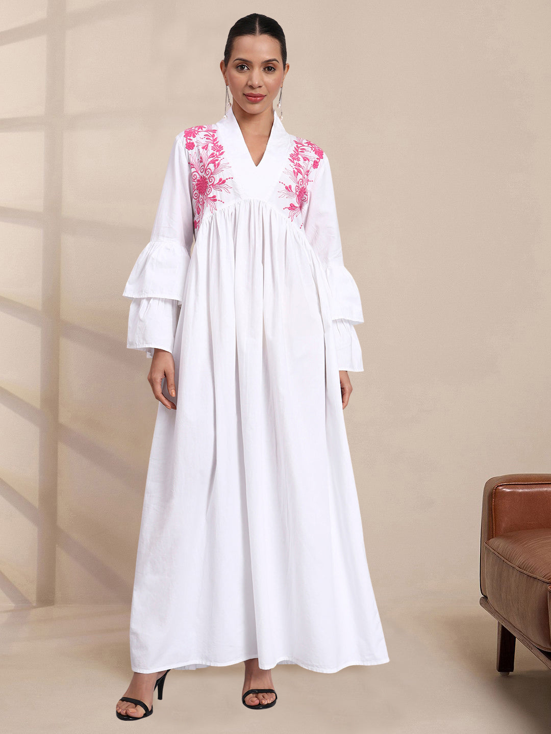 Women Embroided Cotton Jalabiya-AL3697B Pink