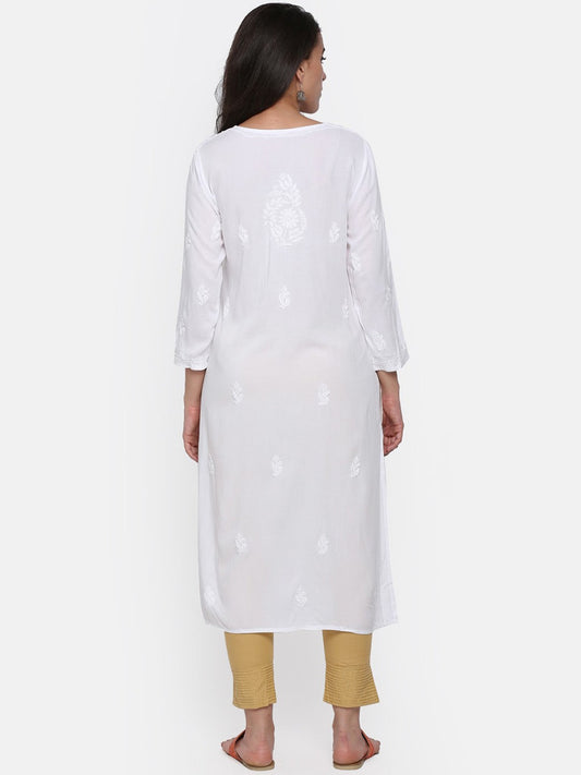 Hand Embroidered Chikankari Rayon Straight Kurta-AL3451 White