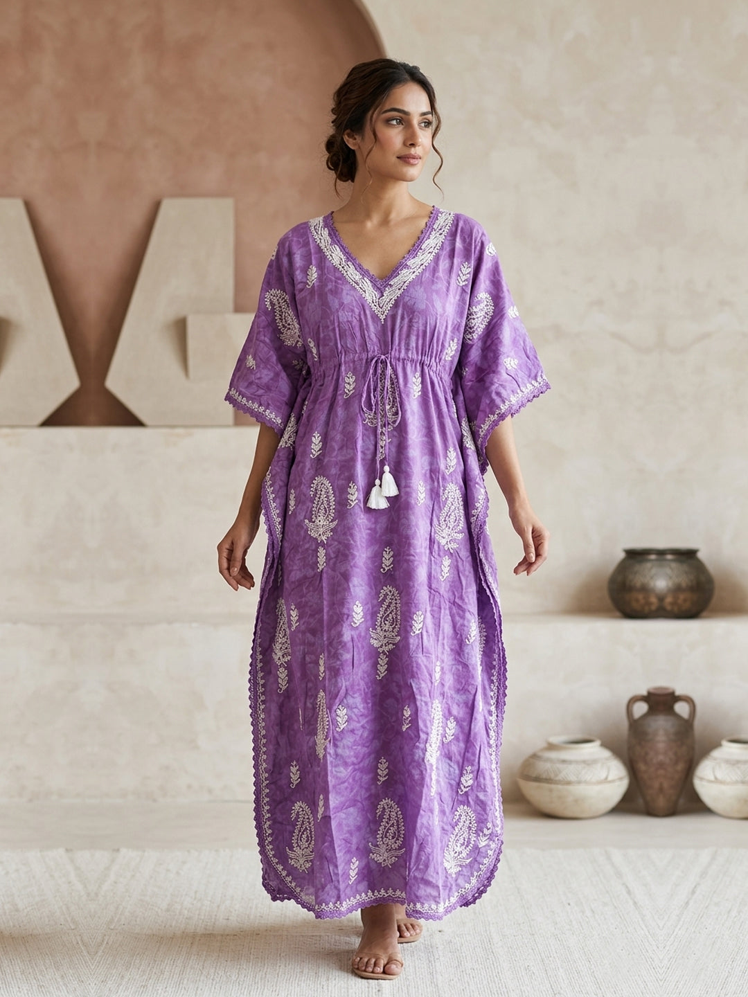 Hand Embroidered Chikankari Cotton Kaftan-AL3833 New Mauve