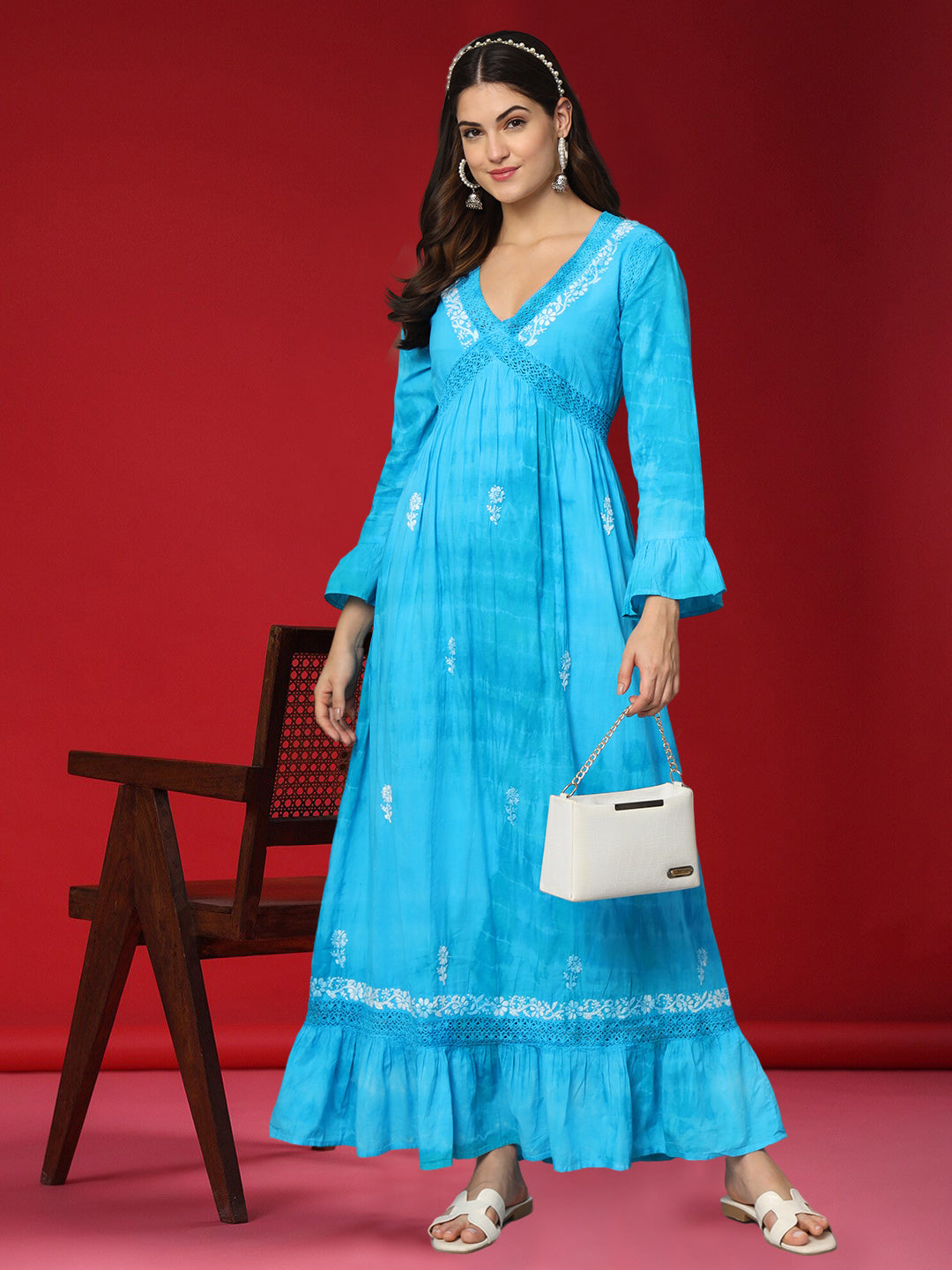 Women Chikankari Hand Embroidered Cotton Jalabiya in Tie-Dye shades-AL2160 Blue