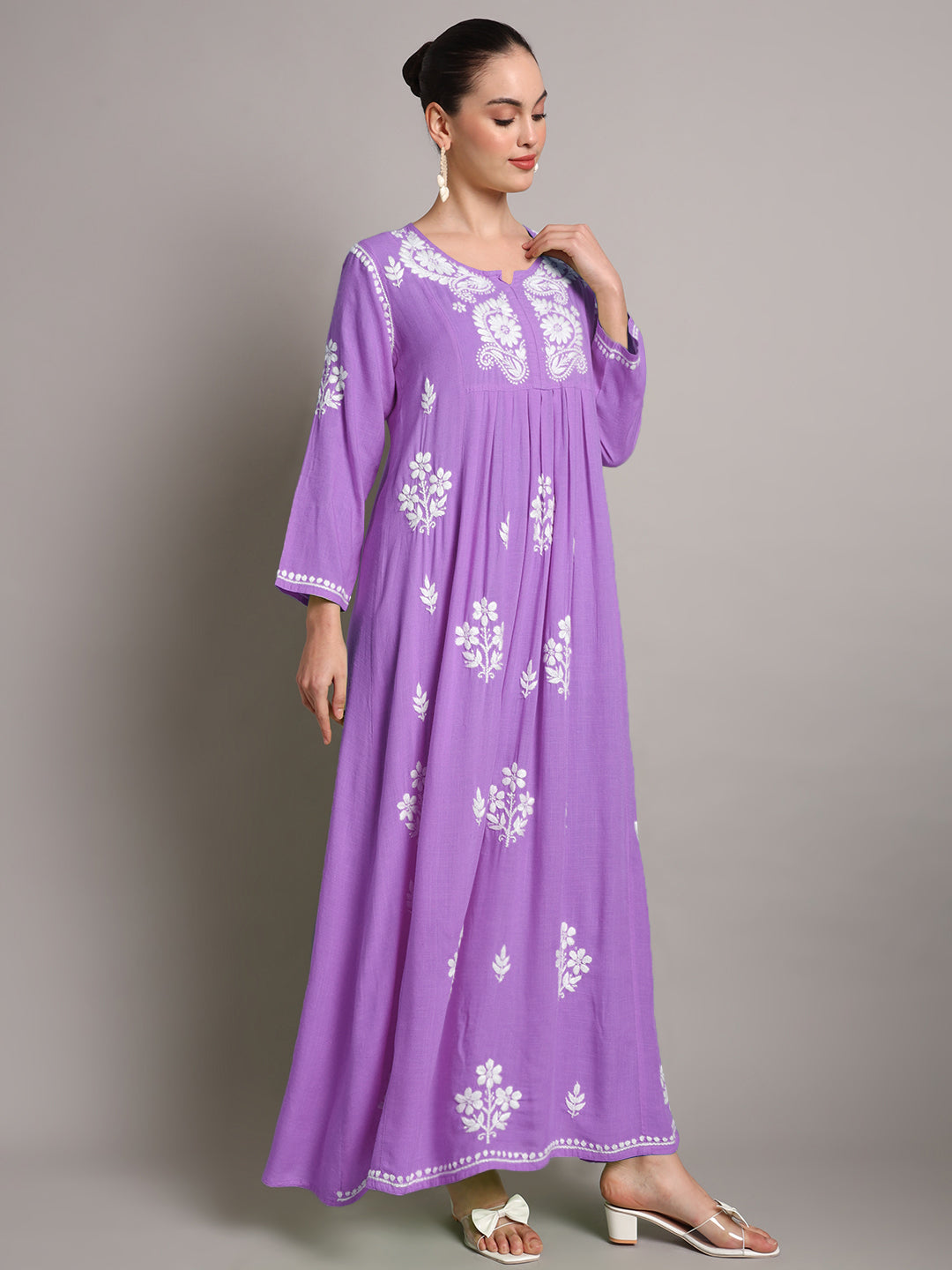 Hand Embroidered Chikankari A-Line Gathering Pattern Rayon Jalabiya-AL4012 Purple
