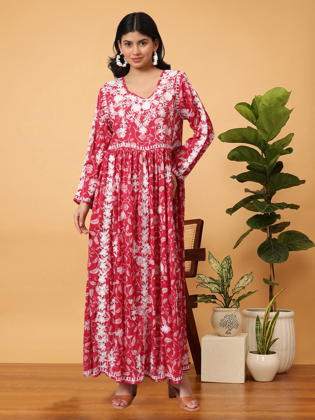 Hand Embroidered Lucknowi Chikankari Printed Mulmul Cotton Jalabiya-AL3936 Red