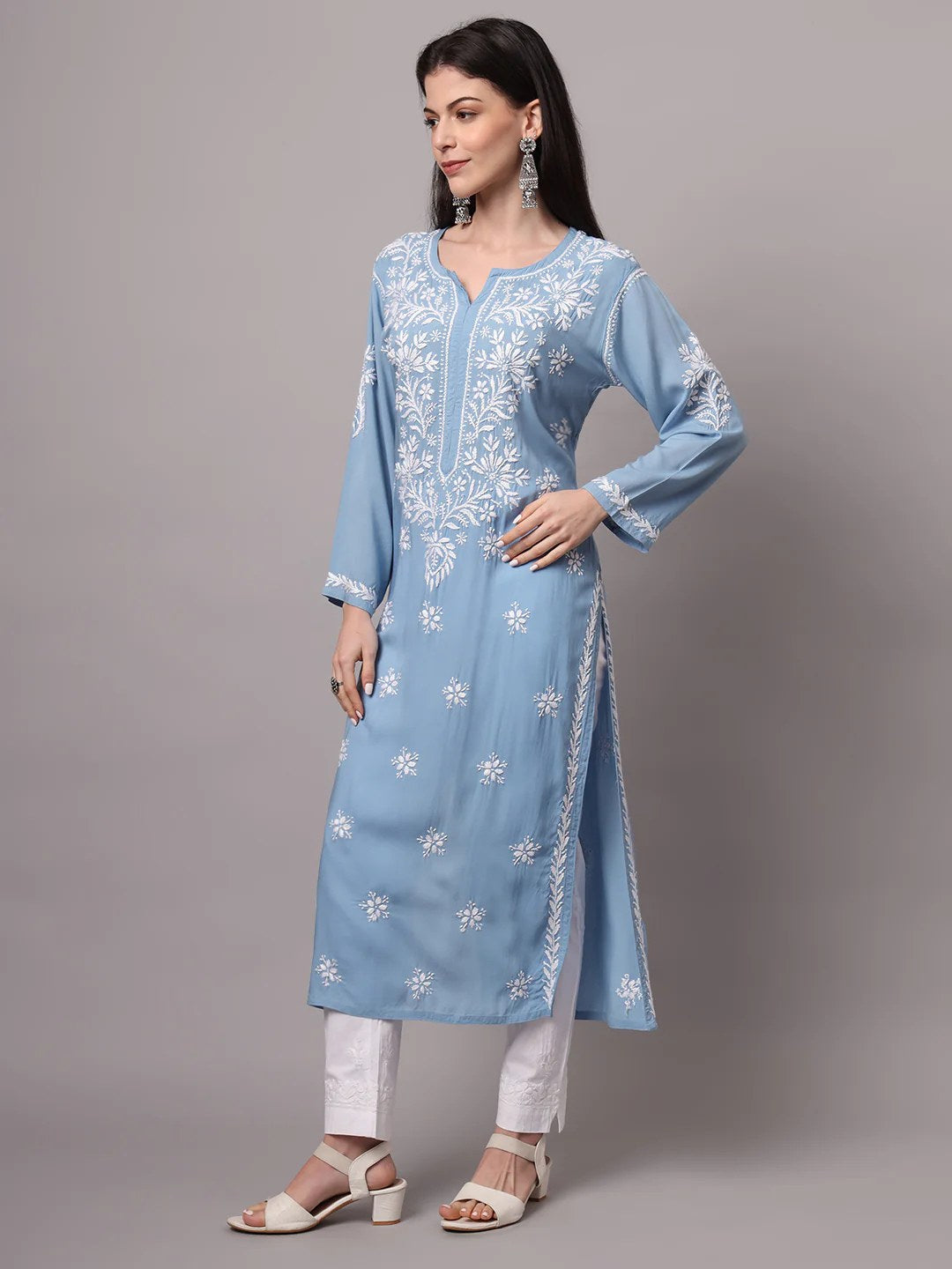 Women Hand Embroidered Chikankari Modal Kurta-AL4059 Denim
