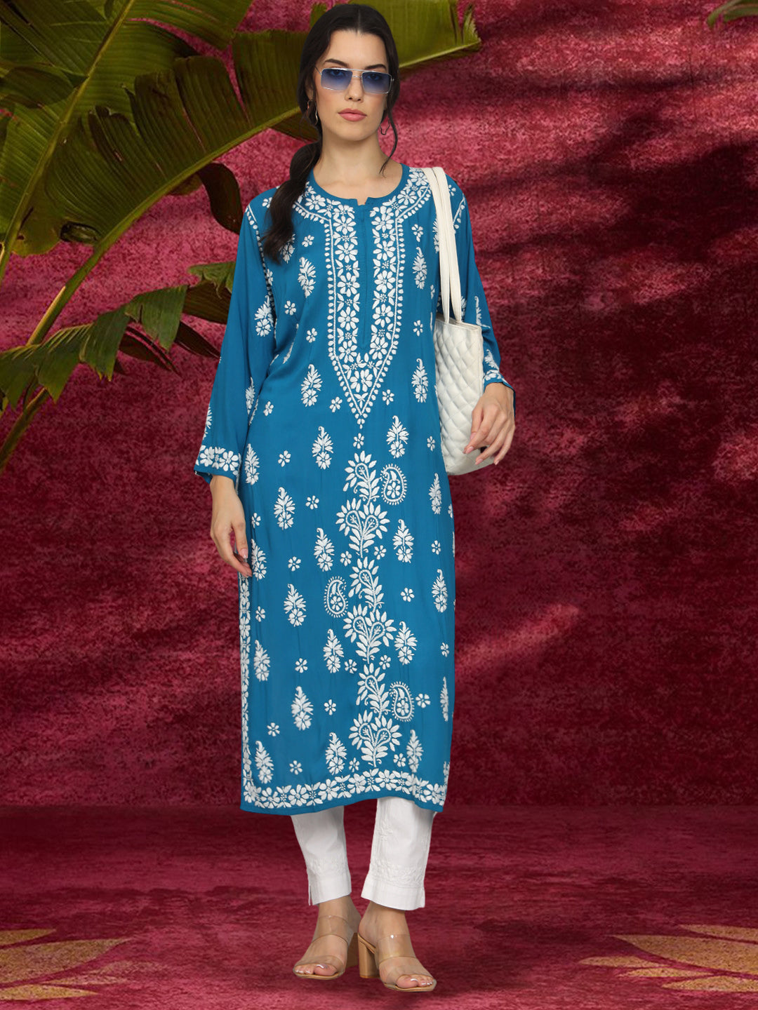 Women Chikankari Hand Embroidered Modal Kurta -AL4042 Teal