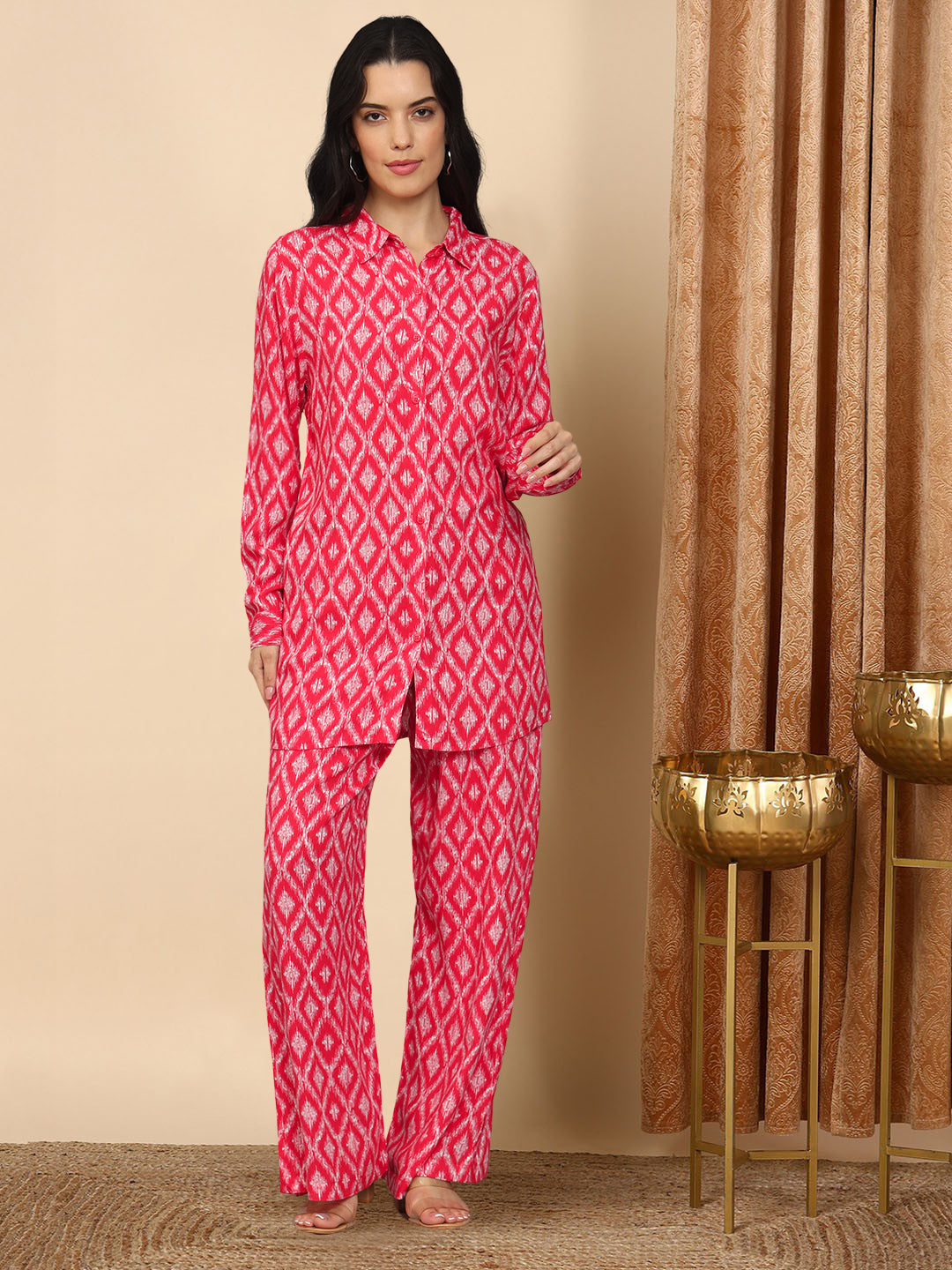 Printed Rayon Co-Ord Set for Women-AL4001 Red
