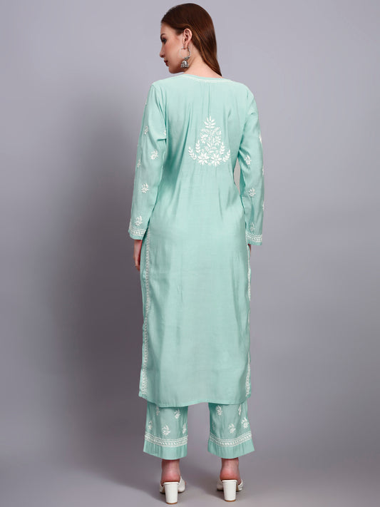 Women Hand Embroidered Chikankari Chanderi Kurta Set-AL4089KS Sea Green