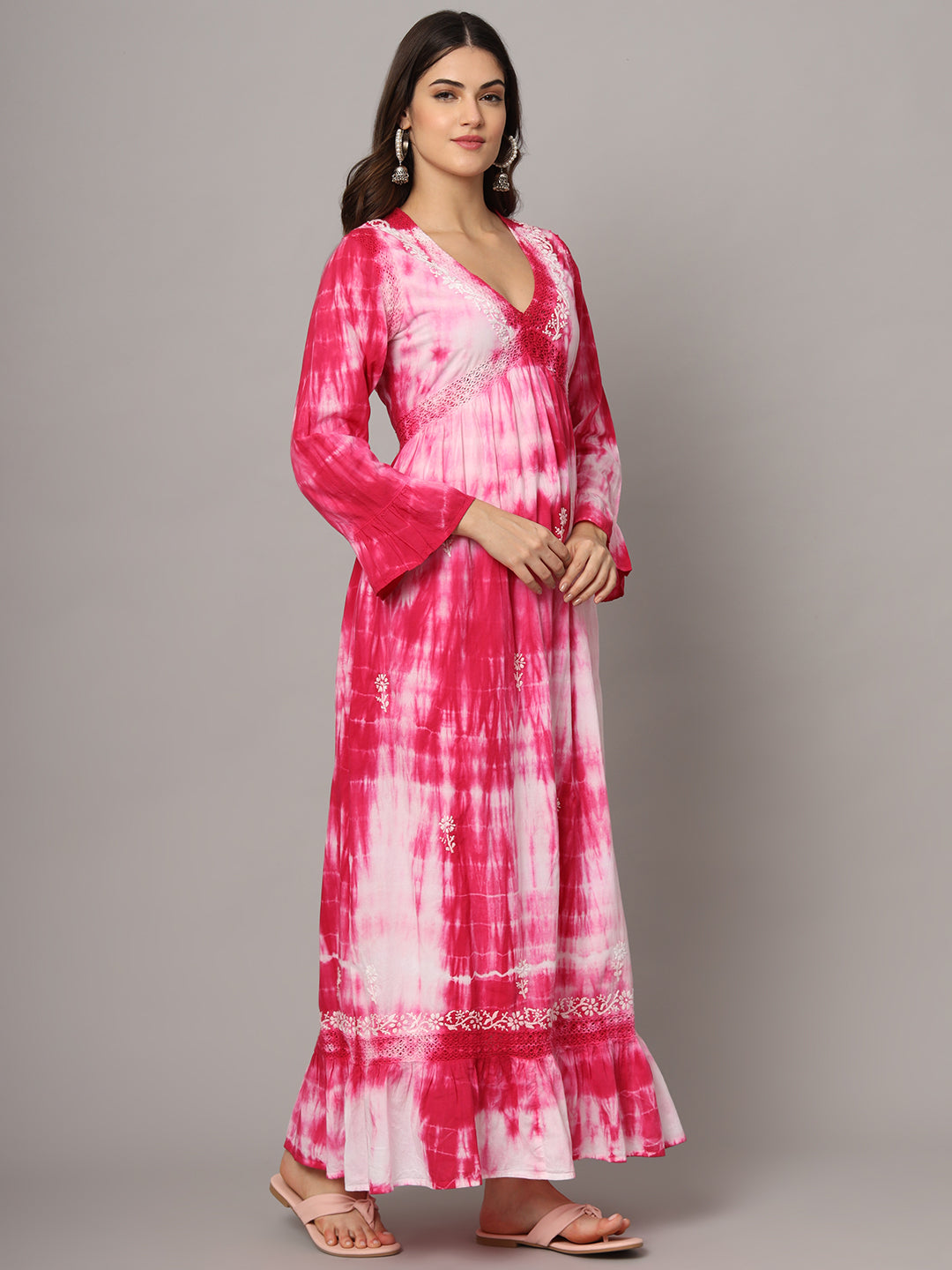 Women Chikankari Hand Embroidered Cotton Jalabiya in Tie-Dye shades-AL2160 Magenta