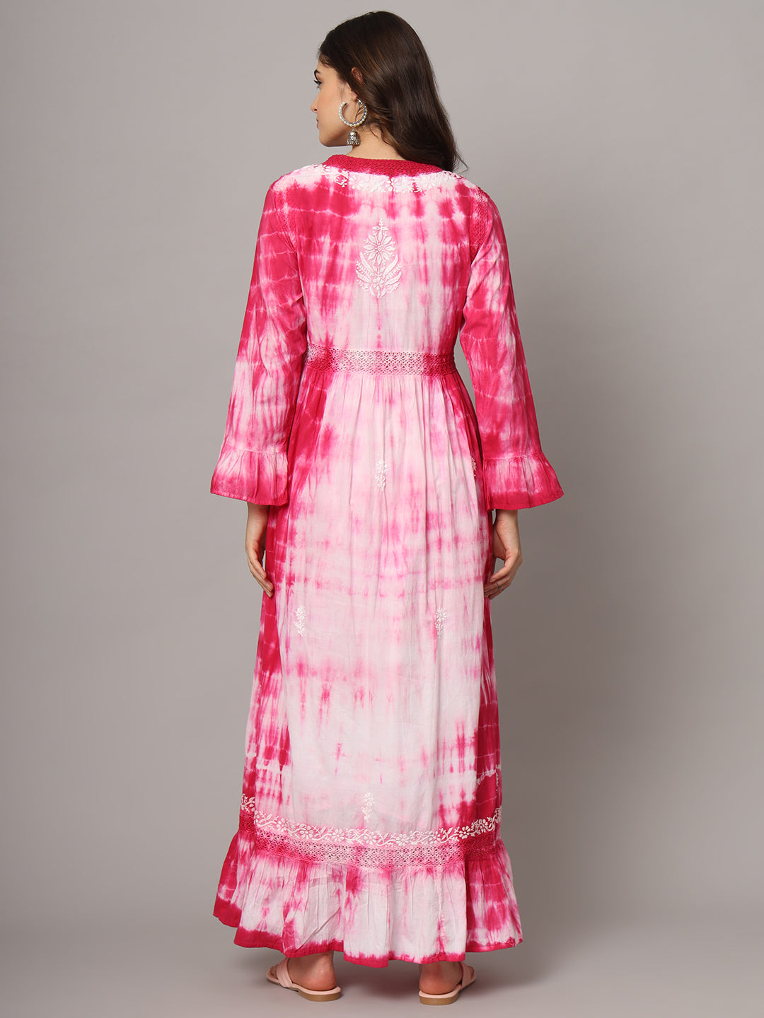 Women Chikankari Hand Embroidered Cotton Jalabiya in Tie-Dye shades-AL2160 Magenta