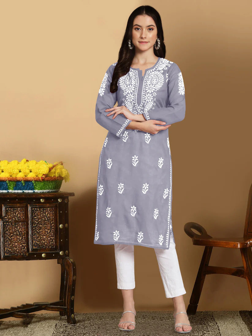 Hand Embroidered Chikankari Cotton Straight Kurta- AL3561 Grey