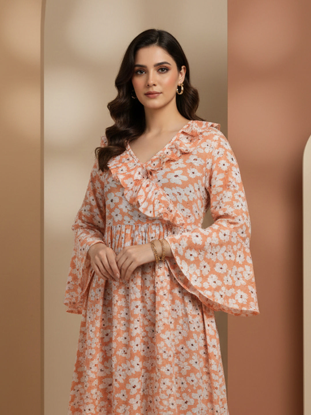 Women Printed Cotton Jalabiya-AL4008 Peach