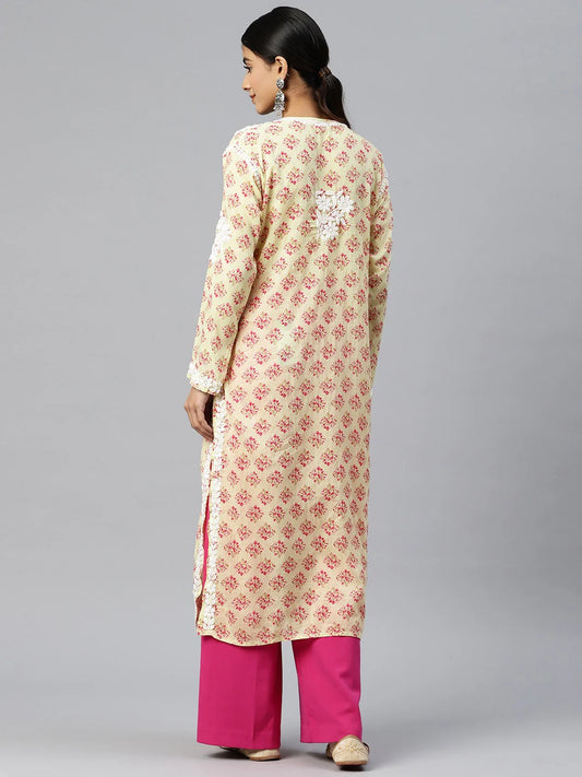 Women Hand Embroidered Chikankari Cotton Kurta-AL3649 Yellow