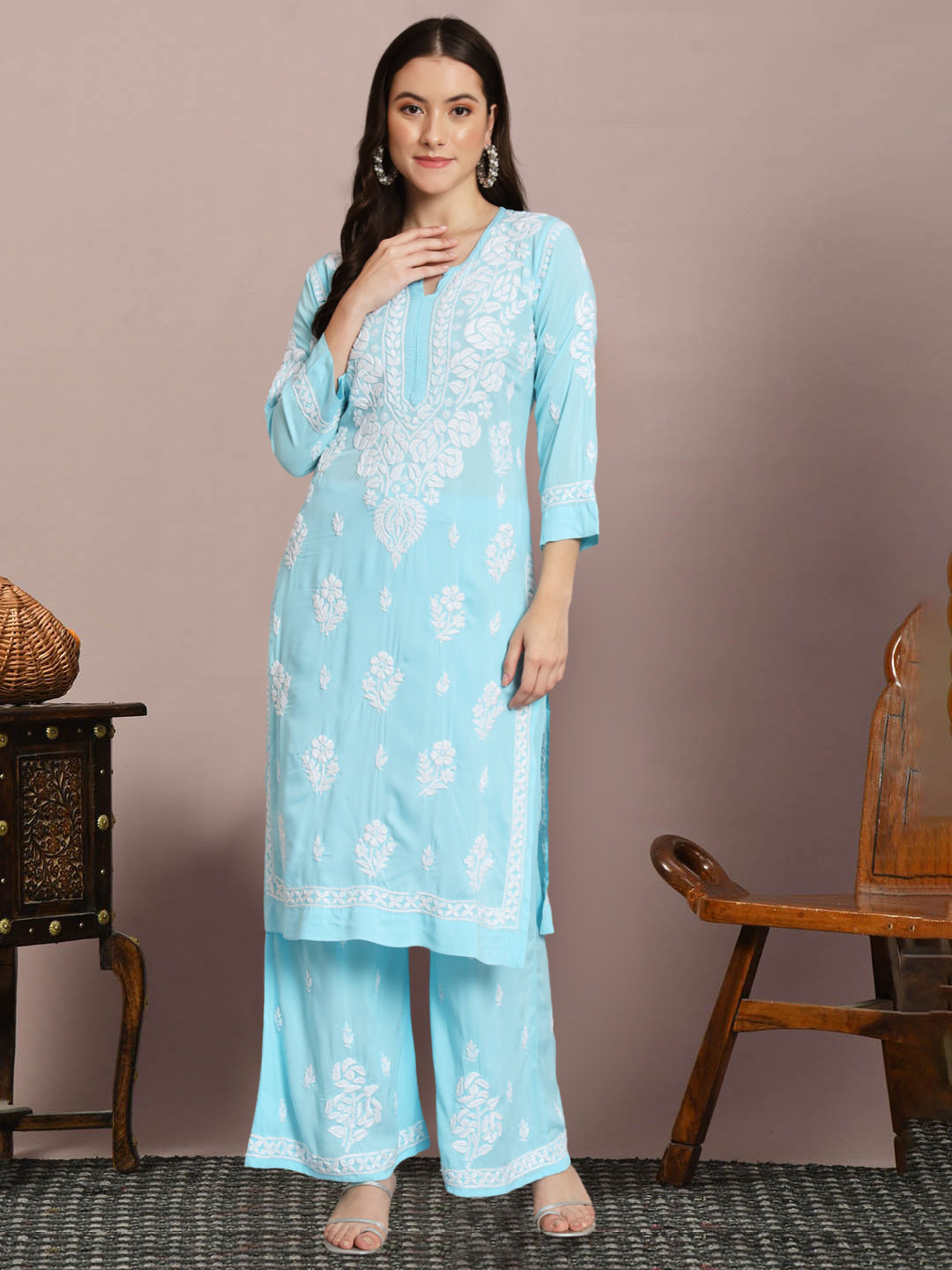 Hand Embroidered Chikan Modal Straight Kurta Palazzos AL3668KS Turquoise