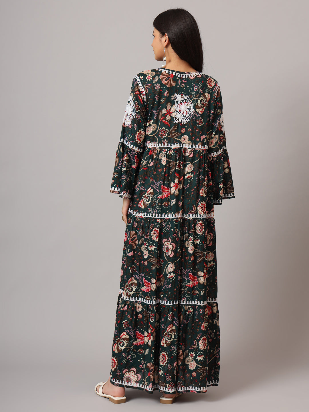 Hand Embroidered Chikankari A-Line Gathering Pattern Mulmul Cotton Jalabiya-AL3673 Green & Beige