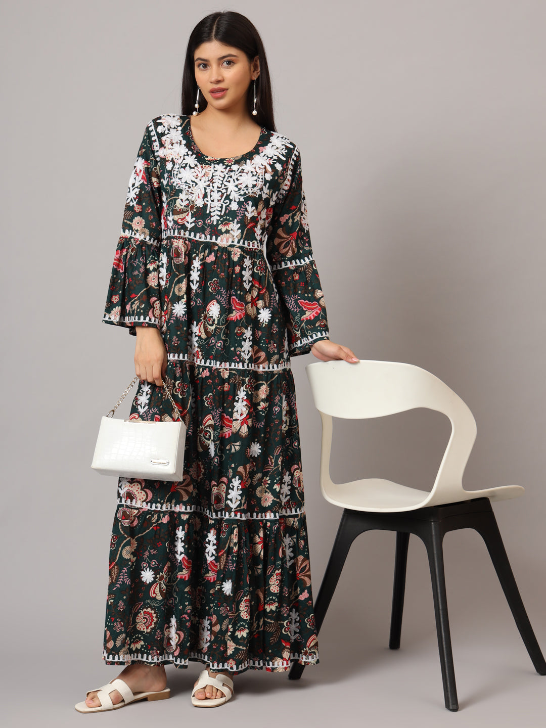 Hand Embroidered Chikankari A-Line Gathering Pattern Mulmul Cotton Jalabiya-AL3673 Green & Beige