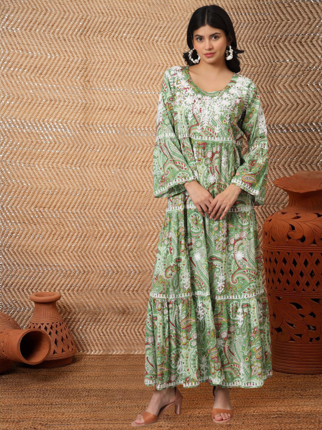 Hand Embroidered Chikankari A-Line Gathering Pattern Mulmul Cotton Jalabiya-AL3673 Green & Brown