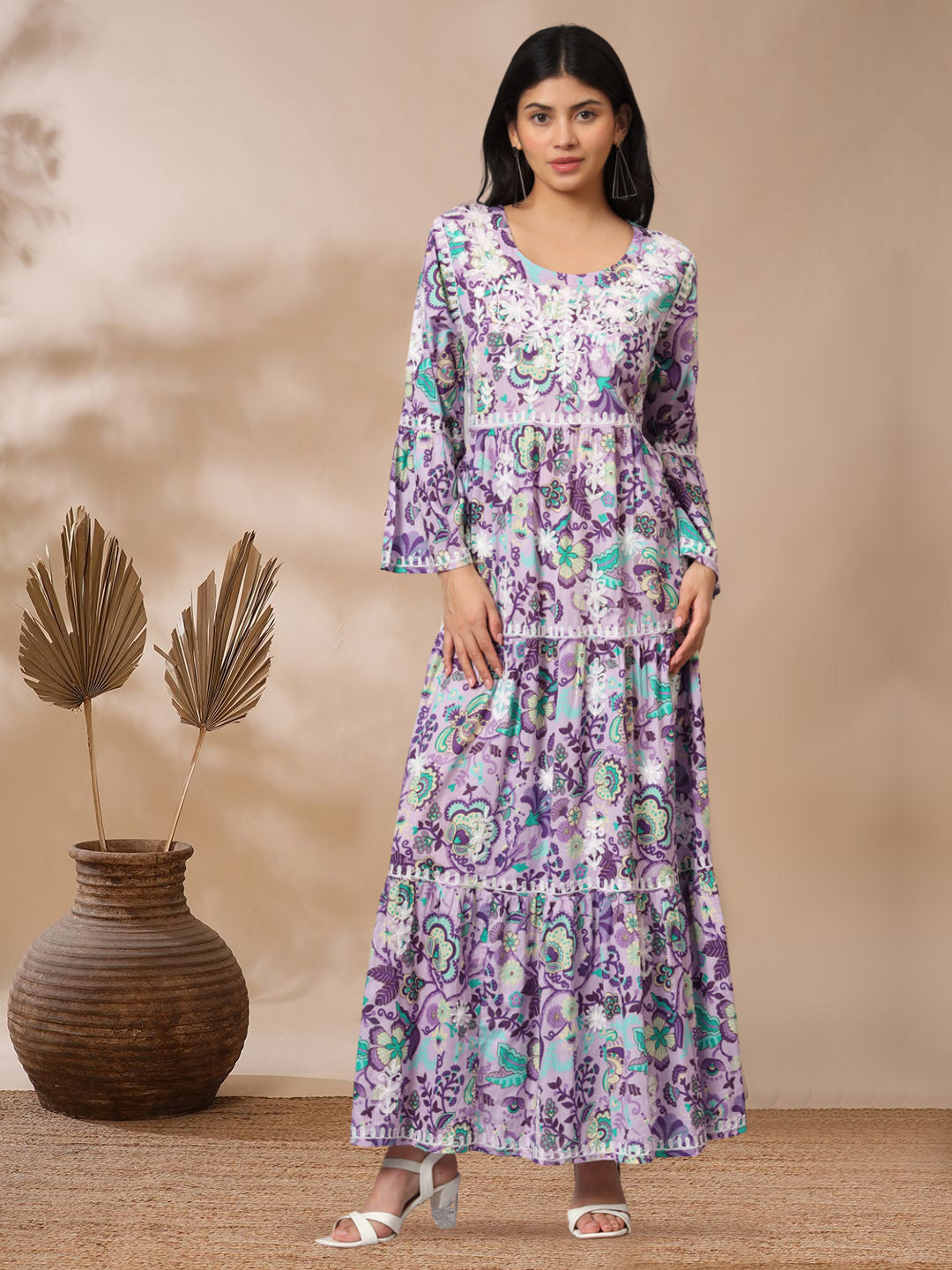 Hand Embroidered Chikankari A-Line Gathering Pattern Mulmul Cotton Jalabiya-AL3673 Lavender & White