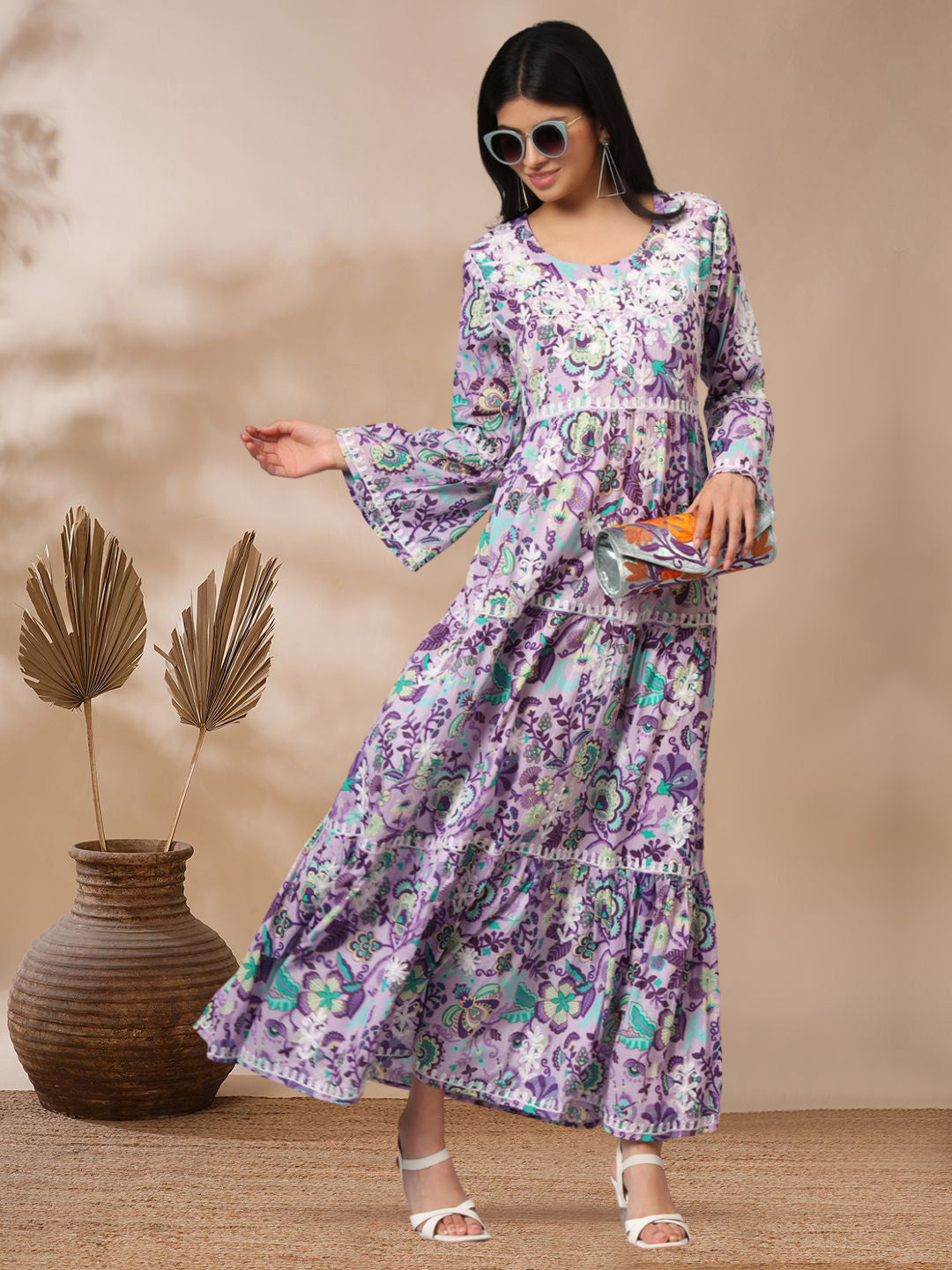 Hand Embroidered Chikankari A-Line Gathering Pattern Mulmul Cotton Jalabiya-AL3673 Lavender & White
