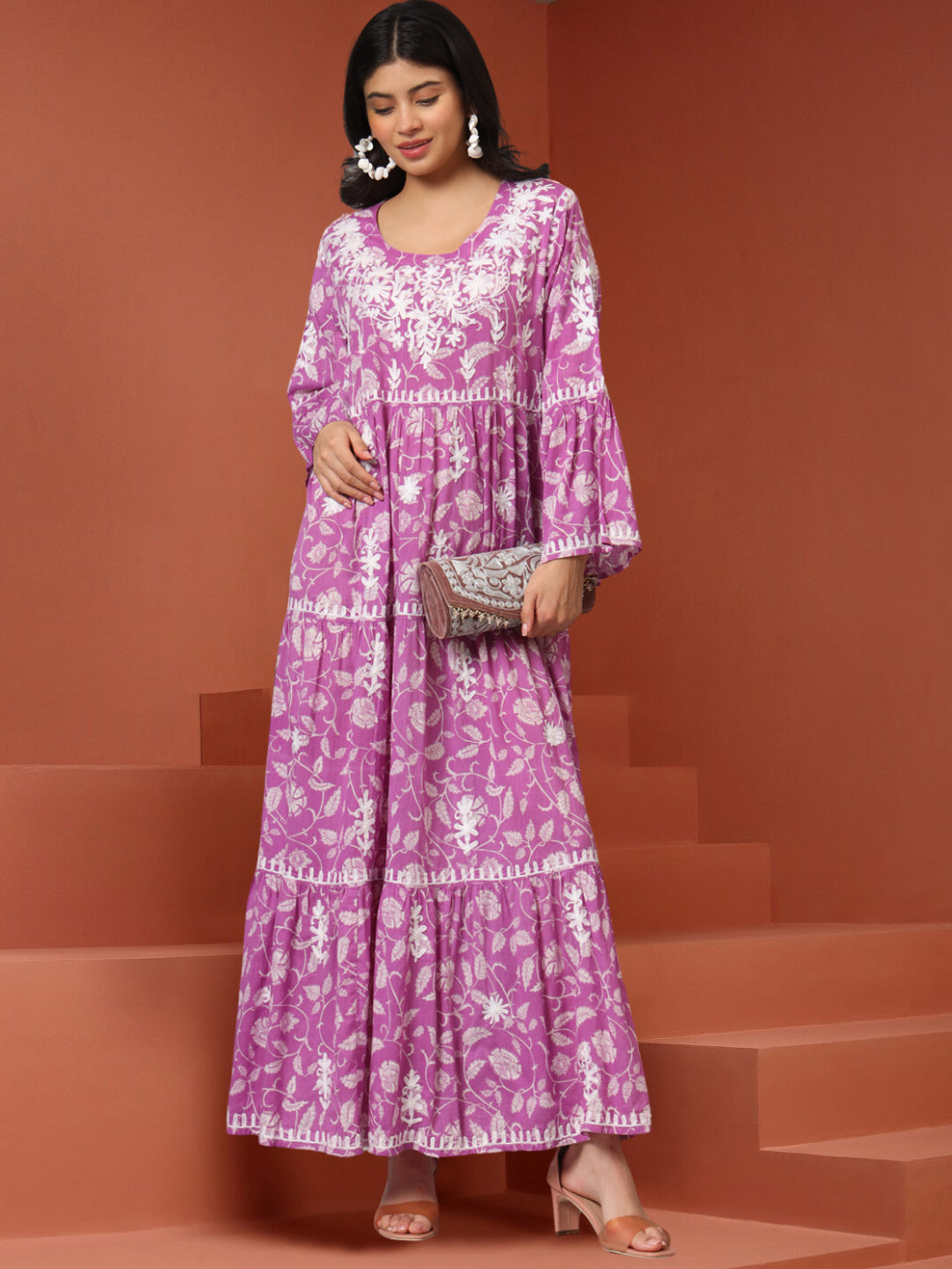 Hand Embroidered Chikankari A-Line Gathering Pattern Mulmul Cotton Jalabiya-AL3673 Mauve & White
