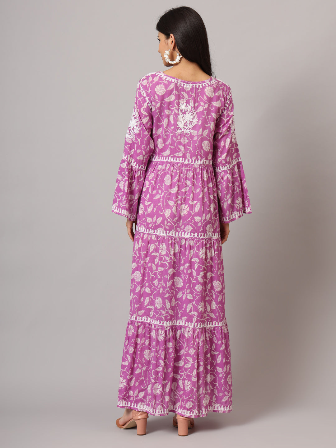Hand Embroidered Chikankari A-Line Gathering Pattern Mulmul Cotton Jalabiya-AL3673 Mauve & White