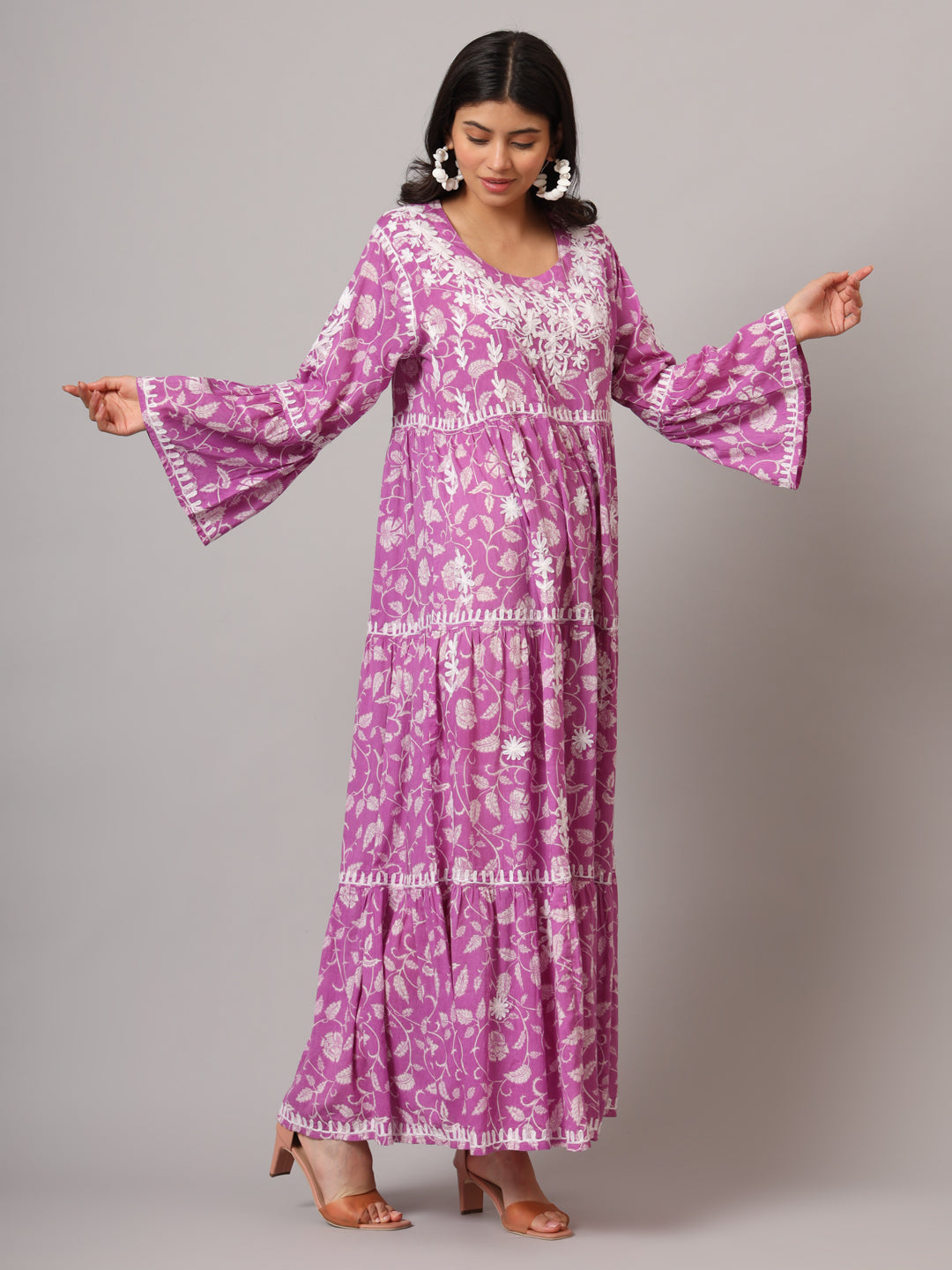 Hand Embroidered Chikankari A-Line Gathering Pattern Mulmul Cotton Jalabiya-AL3673 Mauve & White