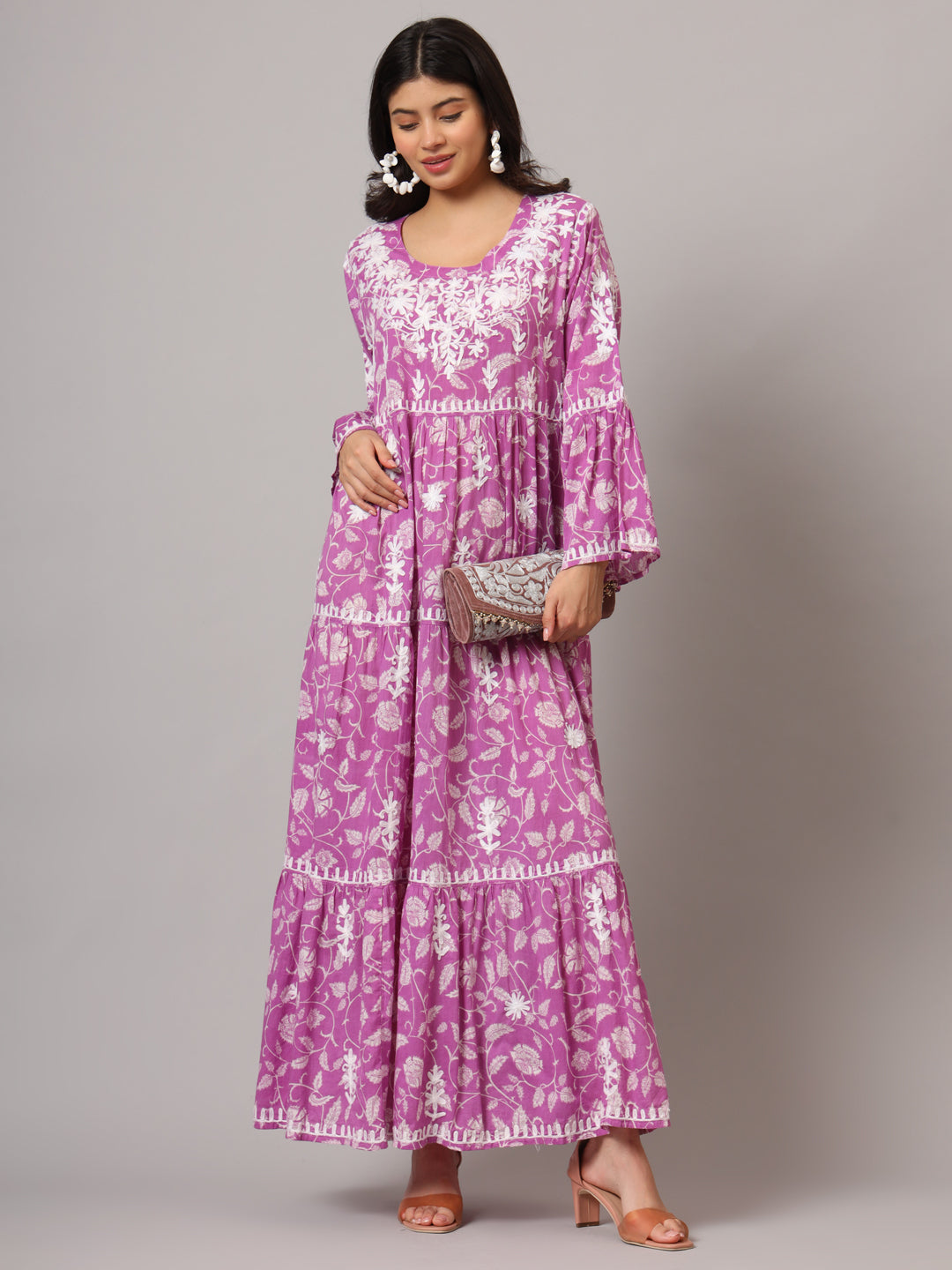 Hand Embroidered Chikankari A-Line Gathering Pattern Mulmul Cotton Jalabiya-AL3673 Mauve & White
