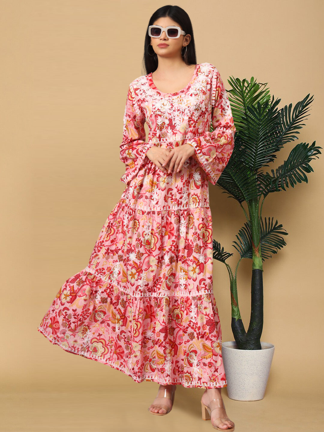 Hand Embroidered Chikankari A-Line Gathering Pattern Mulmul Cotton Jalabiya-AL3673 Peach & Yellow