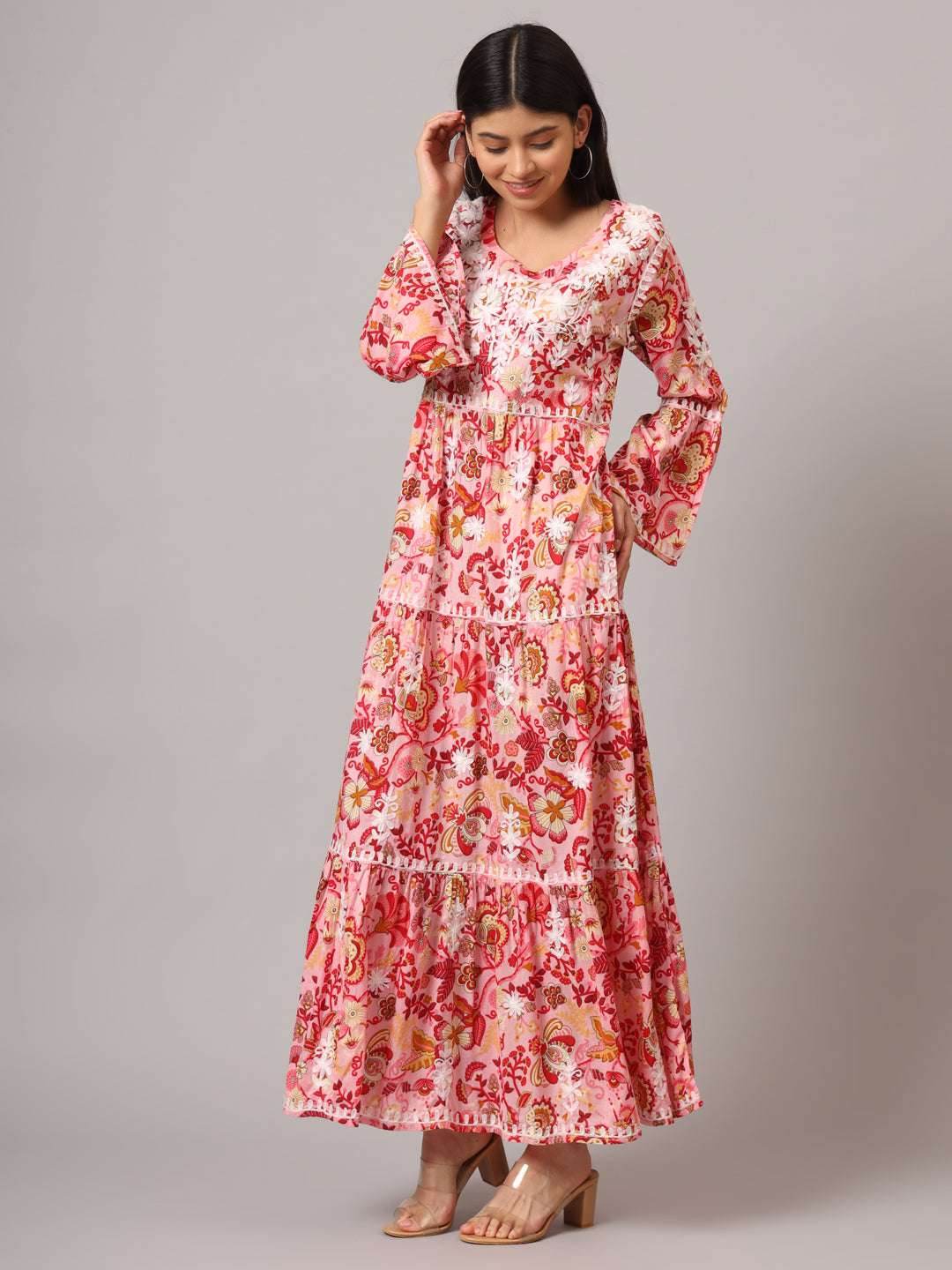 Hand Embroidered Chikankari A-Line Gathering Pattern Mulmul Cotton Jalabiya-AL3673 Peach & Yellow