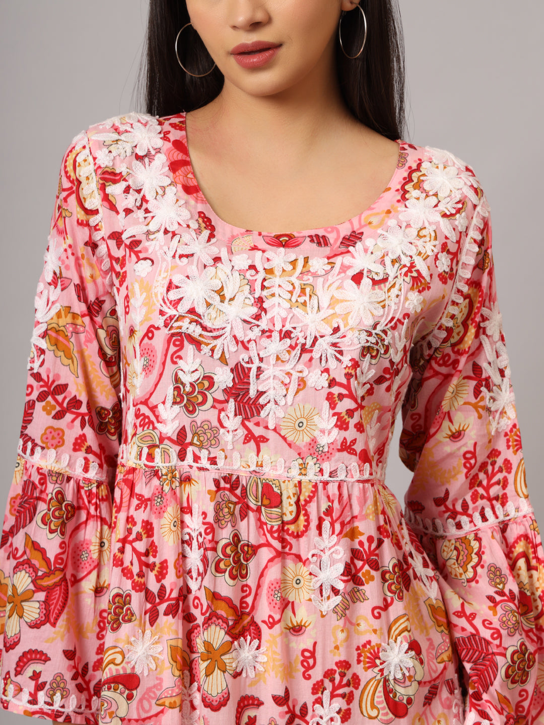 Hand Embroidered Chikankari A-Line Gathering Pattern Mulmul Cotton Jalabiya-AL3673 Peach & Yellow