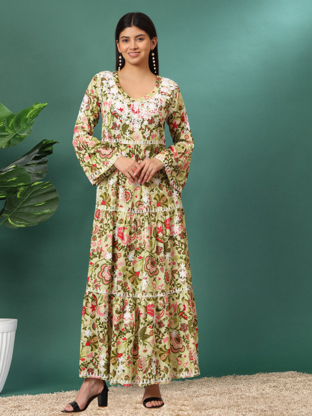 Hand Embroidered Chikankari A-Line Gathering Pattern Mulmul Cotton Jalabiya-AL3673 Yellow & Pink
