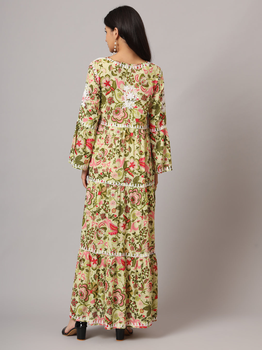 Hand Embroidered Chikankari A-Line Gathering Pattern Mulmul Cotton Jalabiya-AL3673 Yellow & Pink