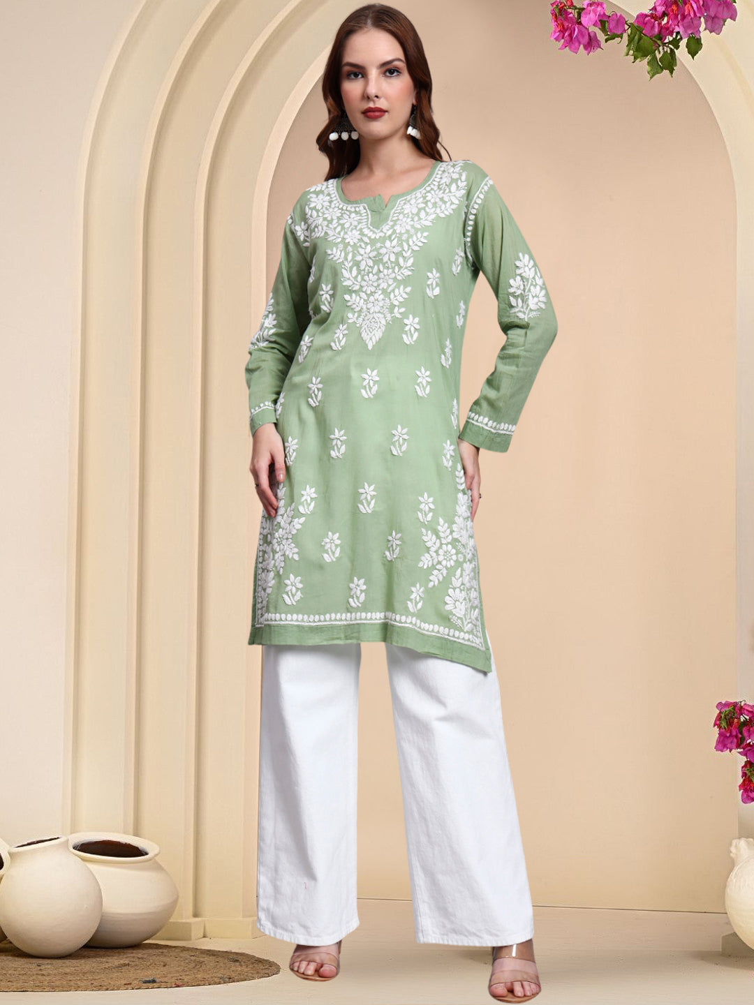 Women Hand Embroidered Chikankari Cotton Kurti -AL3685 Green