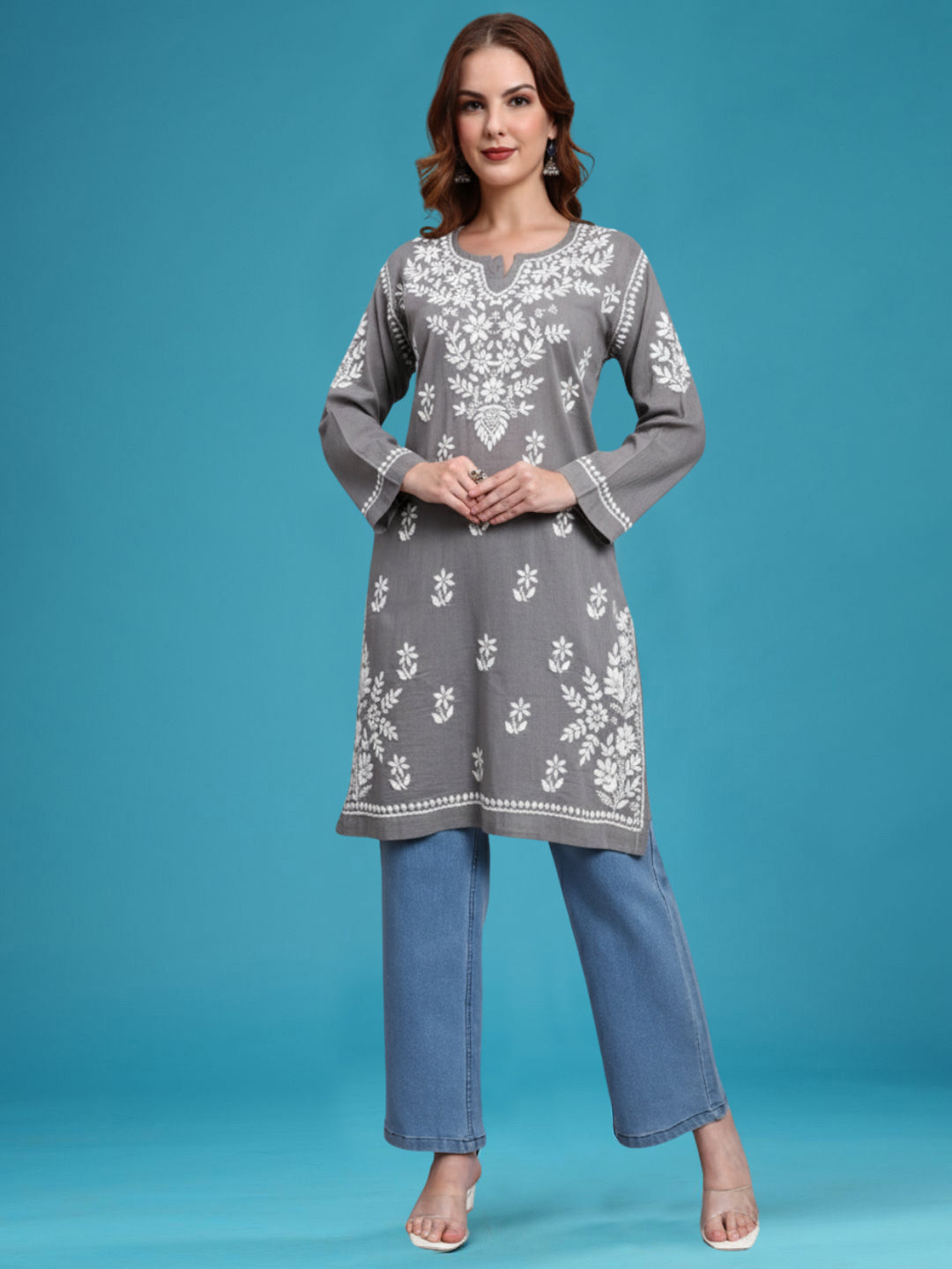 Women Hand Embroidered Chikankari Cotton Kurti -AL3685 Grey