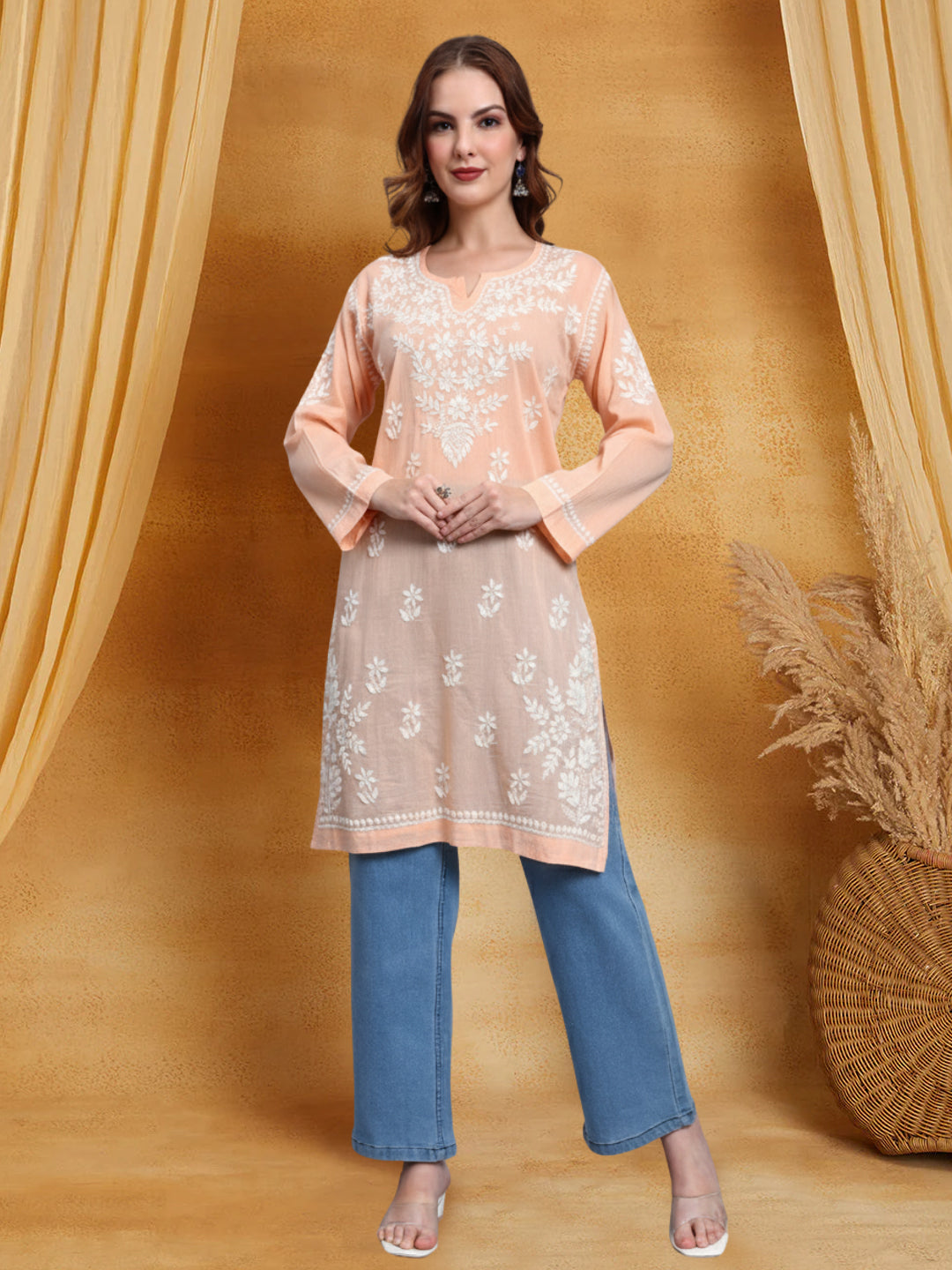 Women Hand Embroidered Chikankari Cotton Kurti -AL3685 Peach