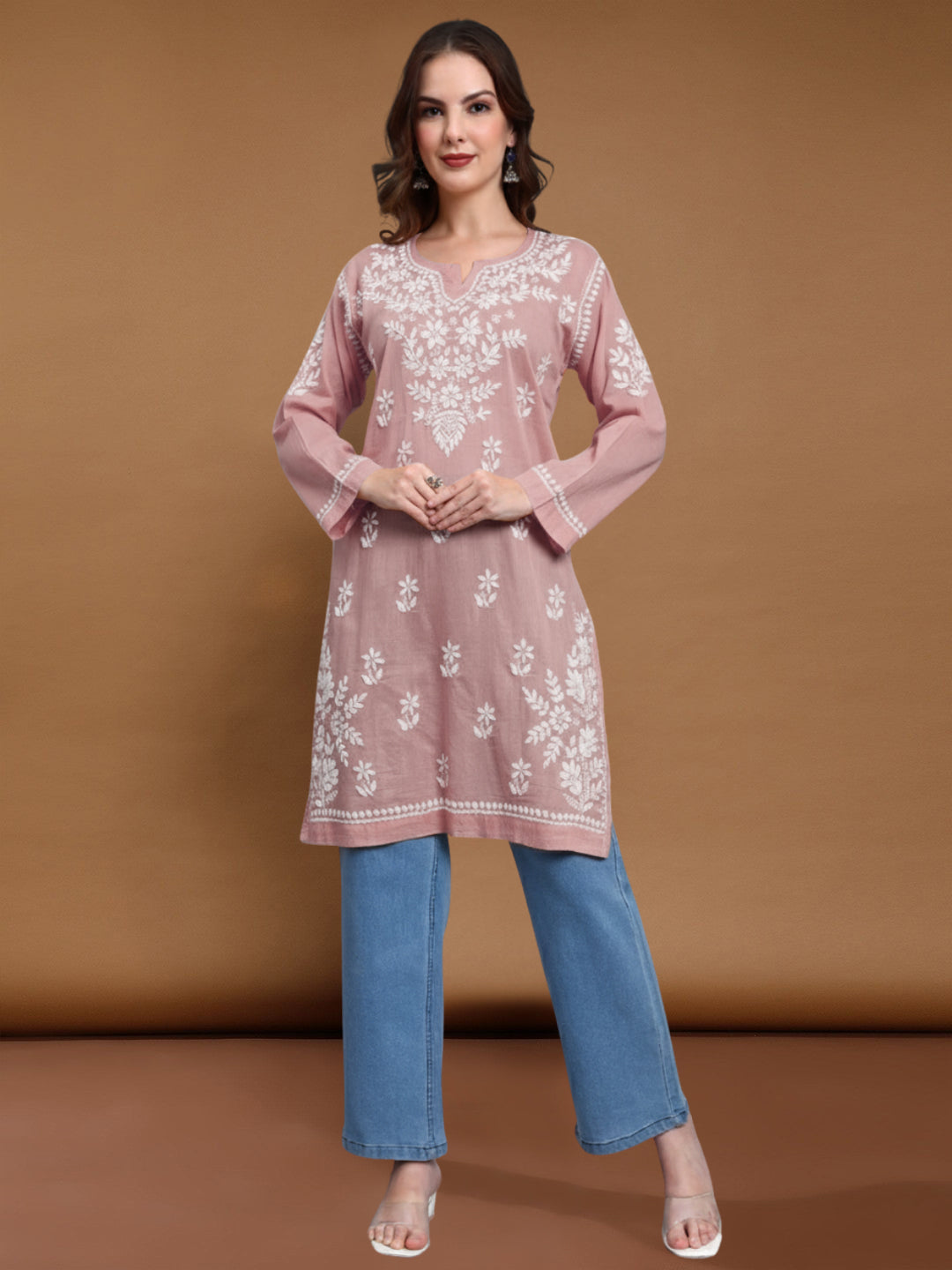Women Hand Embroidered Chikankari Cotton Kurti -AL3685 Rust