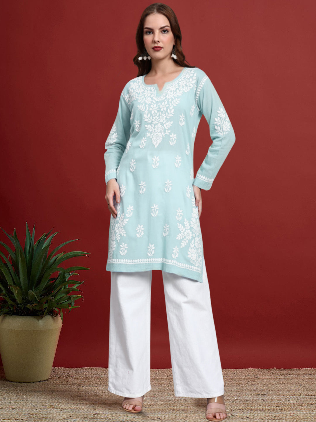Women Hand Embroidered Chikankari Cotton Kurti -AL3685 Seagreen