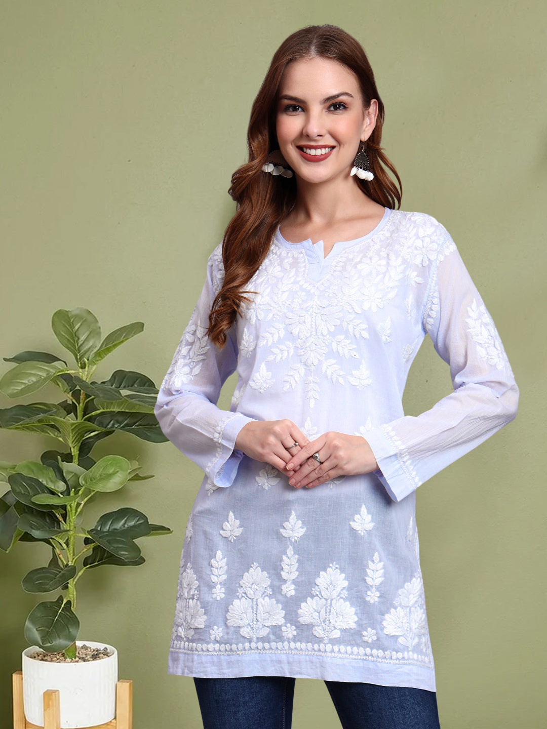 Women Hand Embroidered Chikankari Mulmul Short Top -AL3724 Lavender